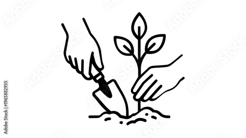 Minimalist vector illustration of human hands planting a small green sapling in fertile soil using a garden trowel. This flat line art icon symbolizes gardening, growth, and sustainability.