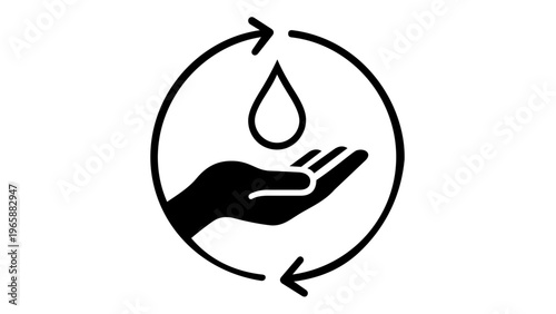Vector icon illustration of water recycling and conservation featuring a hand catching a water droplet inside a circular arrow cycle, symbolizing sustainable resource management, eco-friendly