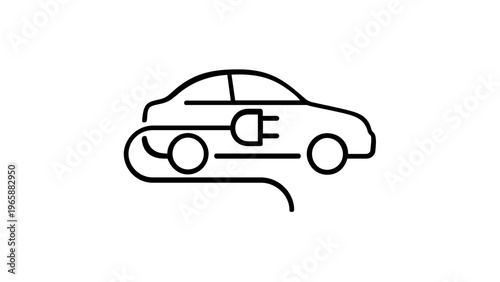 Minimalist electric car vector icon illustration featuring a sleek black line art design of an EV vehicle with a charging cable and plug, representing eco-friendly green energy transportation.