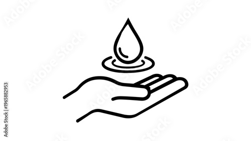 Minimalist black and white vector icon illustration of a human hand gently holding a single water drop with ripples, symbolizing water conservation, environmental protection, and eco sustainability.