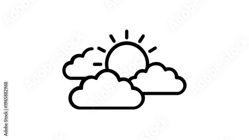 Minimalist black and white vector illustration of a sun rising or setting behind fluffy clouds, perfect for weather forecasts, environmental concepts, and nature-themed graphic design projects.