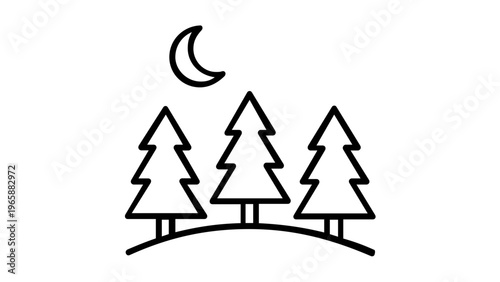 Minimalist vector icon illustration of three pine trees on a hill under a crescent moon at night, featuring a clean line art design for forest, camping, nature, and outdoor environment themes.