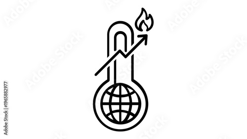 Global warming vector icon illustration featuring a thermometer with a world globe at the base, a rising arrow indicating temperature increase, and a fire flame symbol for climate change.