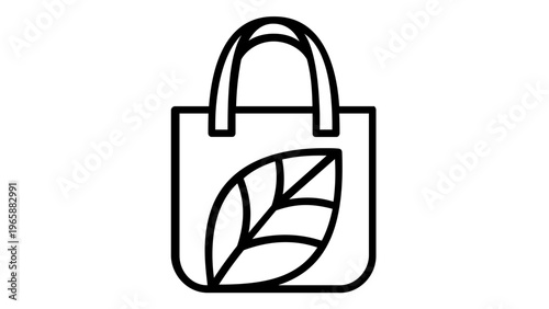 Eco-friendly reusable shopping bag vector icon with a leaf symbol, representing sustainability, zero waste, and green living. Minimalist black line art illustration for environmental design.