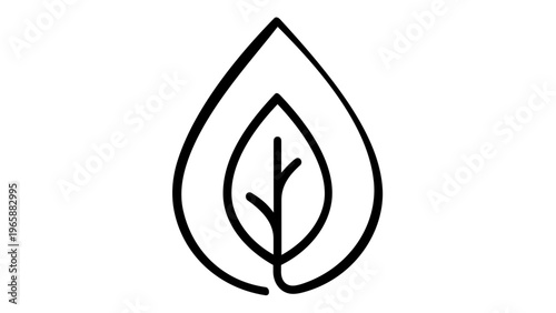 Minimalist vector icon illustration of a stylized leaf within a teardrop outline, symbolizing nature, growth, and environmental sustainability. Clean black line art for eco-friendly branding.