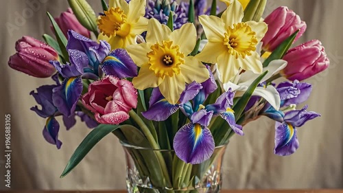 A beautiful assortment of spring flowers including pink tulips white lilies purple hyacinths and yellow daffodils arranged in a clear glass vase against a soft beige backdrop.