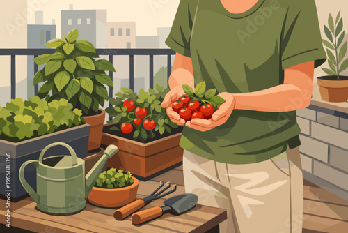 Person harvesting fresh tomatoes from a balcony garden with city buildings in background