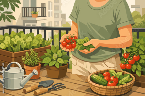 Person harvesting fresh tomatoes and basil from a balcony garden