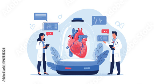 Professional medical team examining human heart in sterile glass dome using advanced technology for healthcare research.