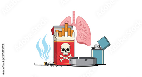 Smoking hazards concept showing lung damage risks with cigarettes skull icon ashtray and lighter on white background.
