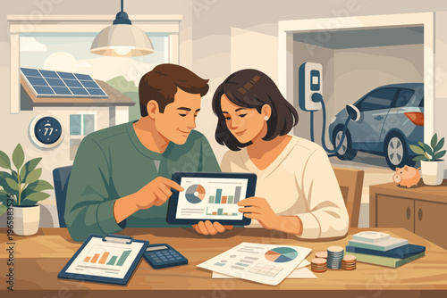 Couple reviews finances and sustainable home technology on tablet