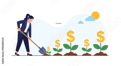 Female entrepreneur planting dollar sign trees with a shovel to represent long term investment and financial prosperity.