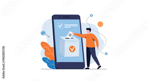 Citizen casting a digital vote into ballot box on large smartphone screen for secure mobile election participation.