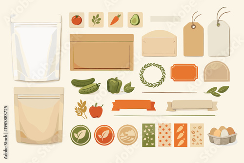 Collection of food packaging elements and organic icons for branding