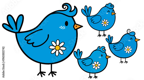 Cute blue bird family vector set, cartoon mother bird with three chicks, hand drawn spring birds with daisy flower pattern, nursery animal clip art