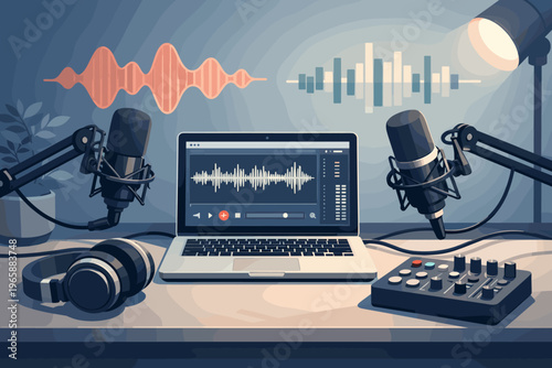 Podcast recording setup with microphones, laptop, and audio mixer