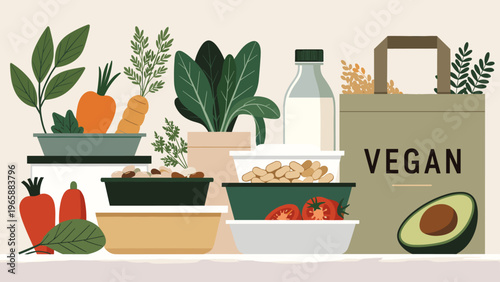 Fresh vegan groceries and ingredients displayed in a vibrant, healthy still life arrangement