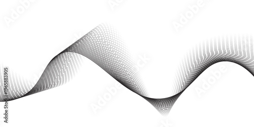 Dotted wave line background. Black halftone undulate pattern. Abstract particle flow wave wallpaper. Curved dashed gradient net design element for poser, banner, presentation, booklet, flyer. Vector