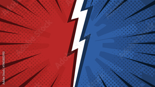 Dynamic comic book style background with red and blue halves divided by lightning bolt