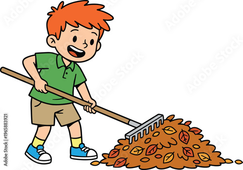 Cartoon vector illustration of smiling child raking colorful autumn leaves in seasonal outdoor fall activity scene