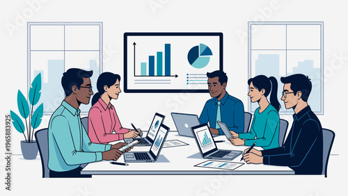 Diverse business team collaborates on a project during a meeting with charts on screen