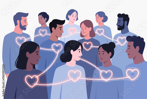 Diverse group of people connected by glowing hearts symbolizing unity and relationships