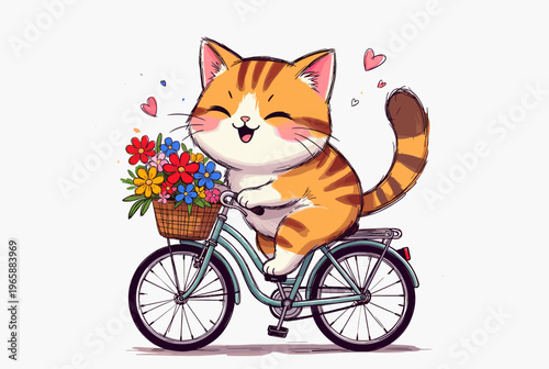 Cute cartoon cat riding a bicycle with a basket full of flowers