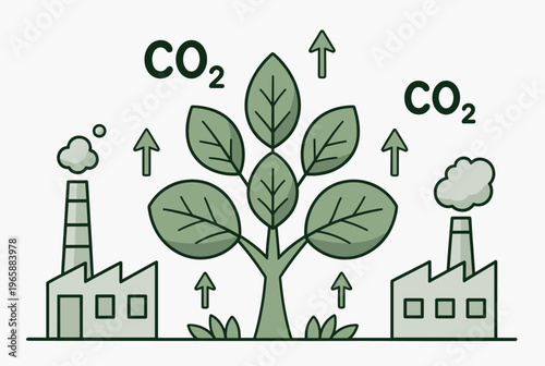 Tree absorbing CO2 from industrial pollution, symbolizing environmental balance