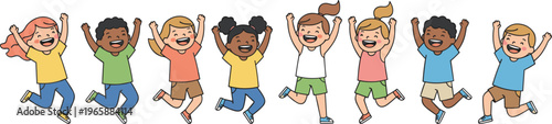 Colorful vector illustration of nine happy children jumping with raised arms in joyful celebration and playful unity