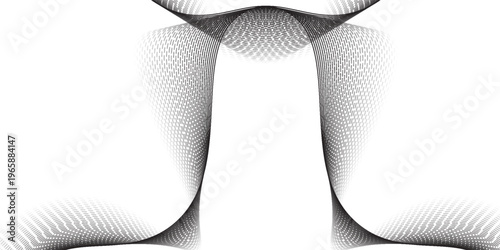 Dotted wave line background. Black halftone undulate pattern. Abstract particle flow wave wallpaper. Curved dashed gradient net design element for poser, banner, presentation, booklet, flyer. Vector