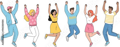 Colorful vector illustration of six happy people jumping with raised arms in joyful celebration and unity