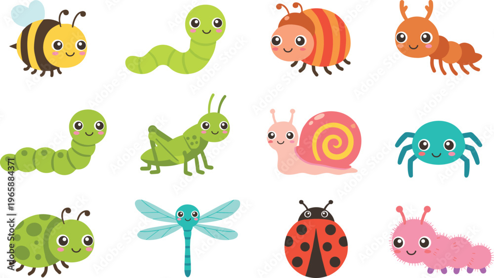 Obraz premium Cute garden bug and insect character set including bee, ladybug, spider, and caterpillar.