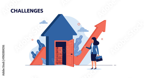 Professional woman looking at house with rising arrow and blocked door representing real estate market challenges.