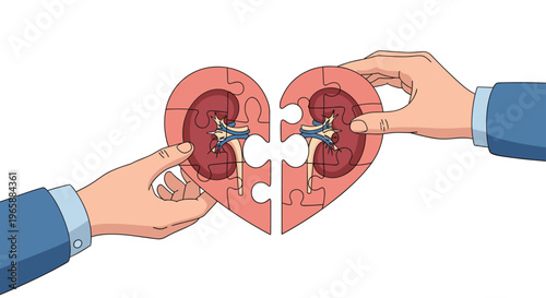 Two hands connecting puzzle pieces shaped like a heart containing kidneys to represent organ donation and matching.