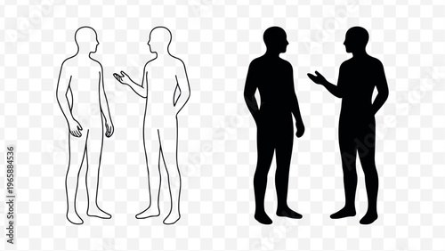 Minimalist line art and silhouette illustration of two people communicating in contrasting black and white tones for versatile design use isolated on Transparent Background
