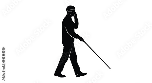 Silhouette of a visually impaired man walking with a cane and phone