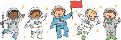 Diverse group of cute astronaut characters floating in space with a flag and stars.