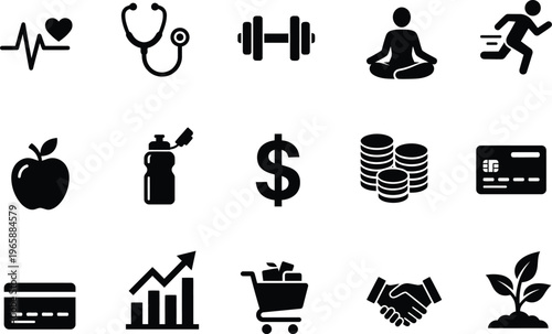Minimalist black and white health, finance, and Business Icon Set. 
