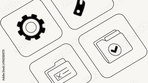 Set of black and white folder and settings icons isolated on light background for website interface design and computer management software tools