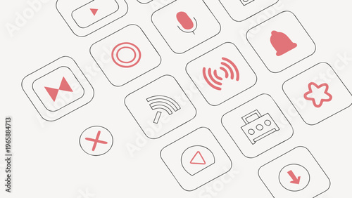 Dynamic arrangement of minimalist icons with red accent color featuring playback controls connectivity and system settings playback