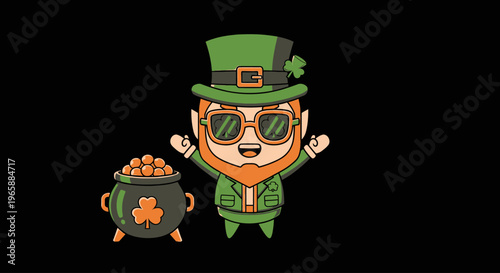 Cartoon Leprechaun with Pot Gold Coins.