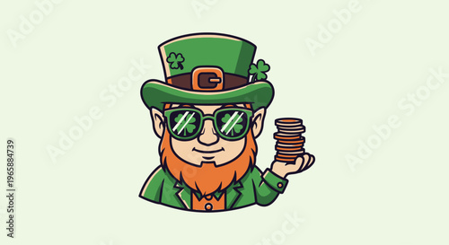 Leprechaun Wearing Sunglasses Holding Coins.
