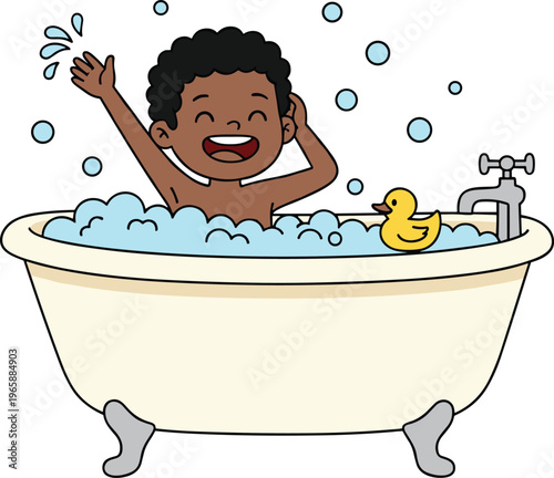 Playful vector illustration of child taking bath with bubbles, rubber duck, clawfoot tub, and cheerful splash