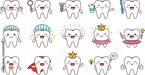 Playful vector illustration of sixteen cartoon teeth characters with costumes, accessories, and dental health themes
