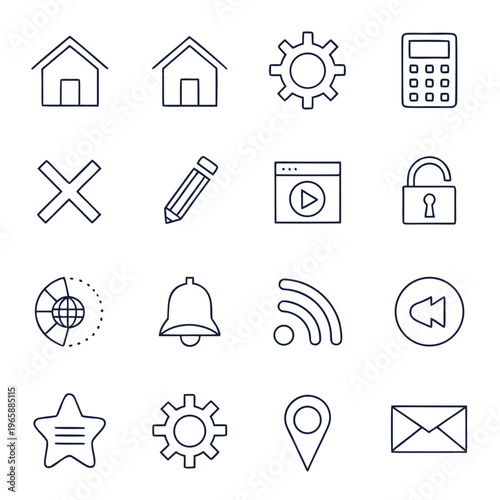 Comprehensive collection of universal interface line icons including home settings mail location lock and media controls for website development projects
