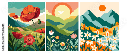 Flat nature landscape set with mountains, sun, poppy flowers, and daisies. Minimalist retro summer vector illustration