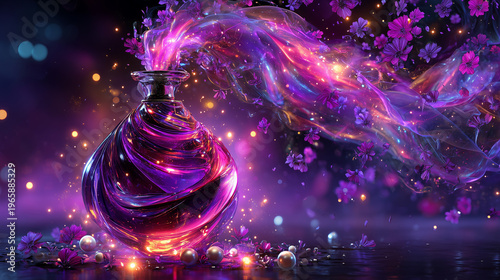 Un flacon de parfum de luxe, tourbillon verre irisé rose et violet. Voile de vapeur, particules, lavande, perles et paillettes scintillantes. Arrière-plan onirique et féerique