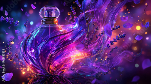 Un flacon de parfum de luxe, tourbillon verre irisé rose et violet. Voile de vapeur, particules, lavande, perles et paillettes scintillantes. Arrière-plan onirique et féerique