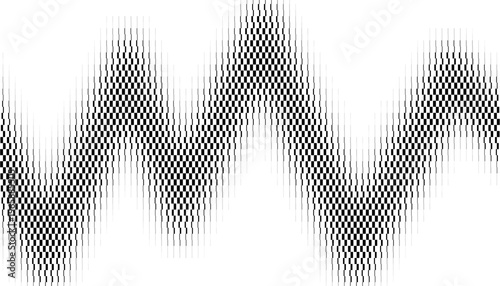 Black and white abstract Halftone Sound Wave Pattern Background with Zigzag Frequency Lines and Digital Signal Texture. Editable graphic resource. Vector Format Illustration. EPS10 