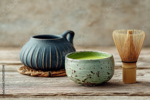 A minimalist Japanese tea set with green tea powder and a traditional bamboo whisk 